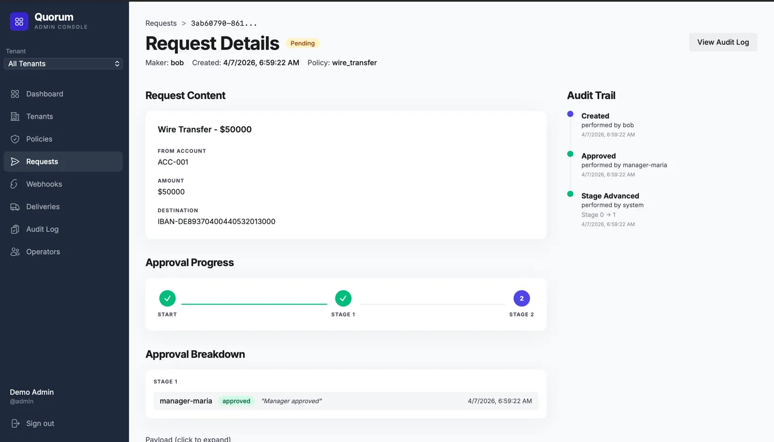 Approval detail with payload and audit trail